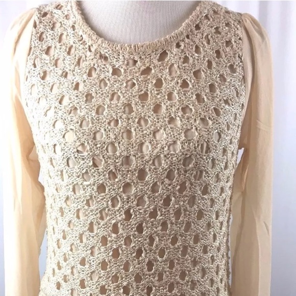 John Fashion Tan Ivory Knit Chiffon Top BB32 - Picture 2 of 8